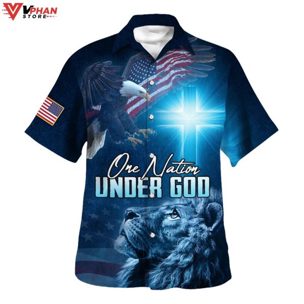 Jesus Christ Lion Eagle One Nation Under God American Hawaiian Shirt