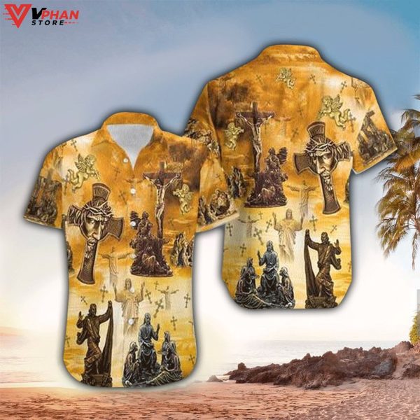 Jesus Cross Statue Yellow Tropical Outfit Hawaiian Summer Shirt