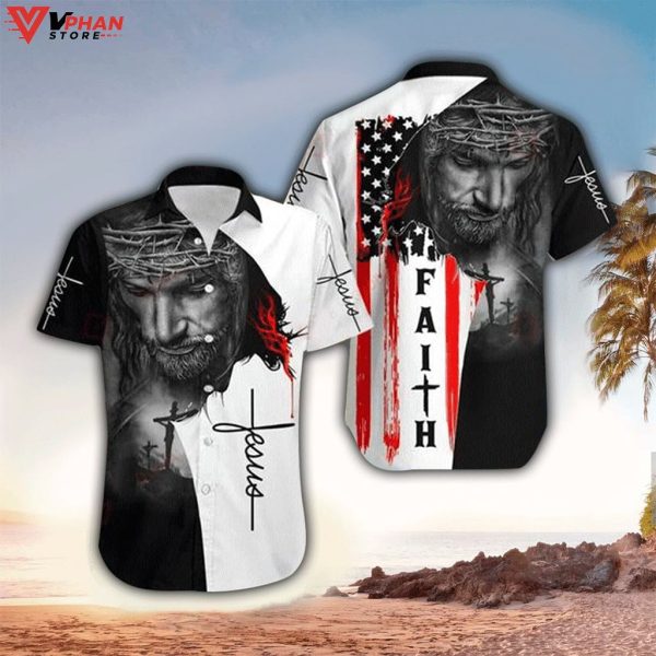 Jesus Face Faith American Flag Tropical Outfit Easter Hawaiian Shirt