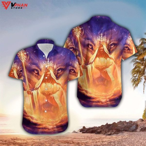Jesus God Lion Tropical Outfit Christian Gift Ideas Hawaiian Summer Shirt