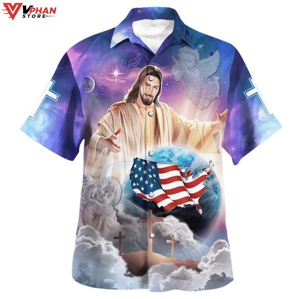 Jesus Holding Earth Tropical Outfit Christian Hawaiian Summer Shirt
