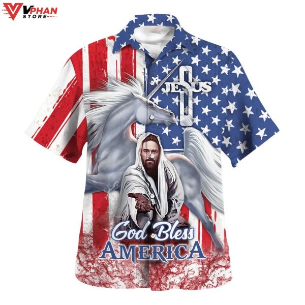 Jesus Horse God Bless America Tropical Outfit Christian Hawaiian Shirt