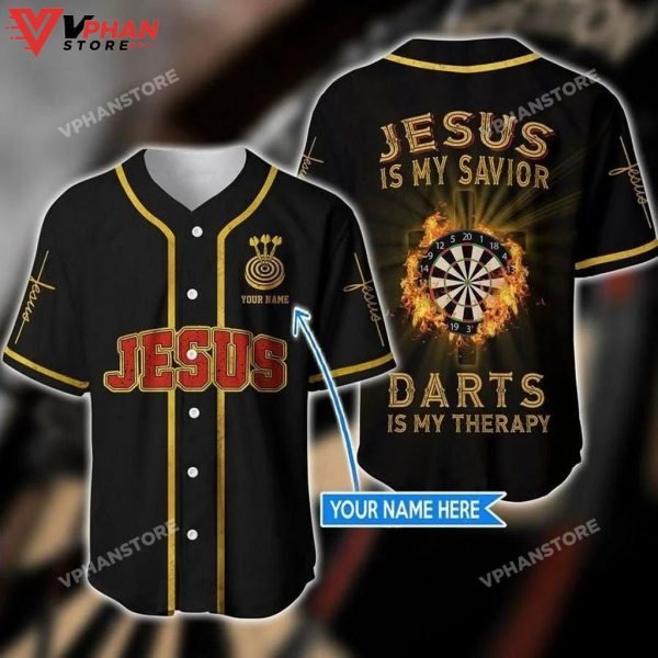 Jesus Is My Savior Darts Is My Therapy Religious Gifts Christian Baseball Jersey