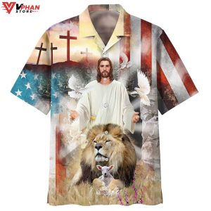 Jesus Lion And The Lamb Cross Tropical Outfit Christian Hawaiian Shirt 1