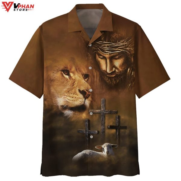 Jesus Lion And The Lamb Three Cross Tropical Christian Hawaiian Shirt