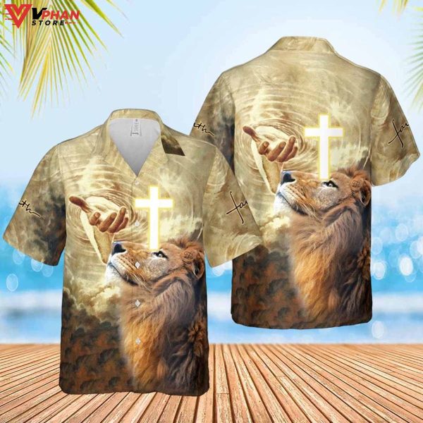 Jesus Lion Cross Christian Hawaiian Summer Shirt