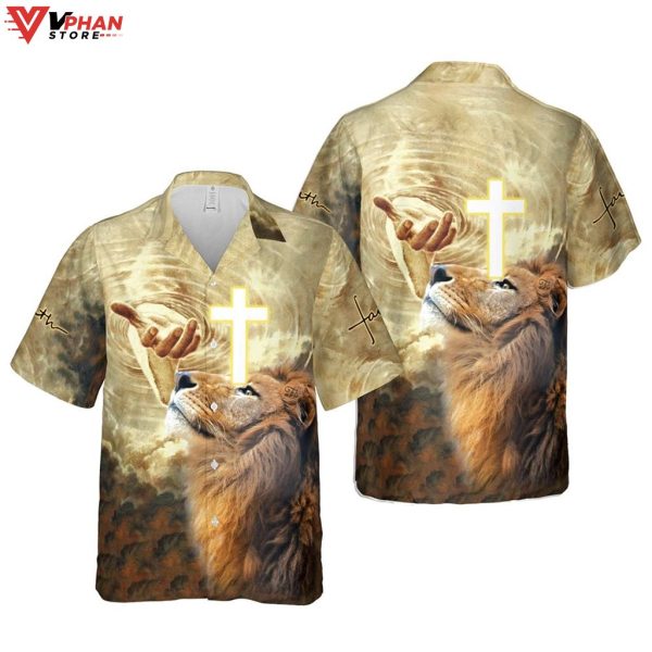 Jesus Lion Cross Christian Outfit Gift Ideas Hawaiian Shirt