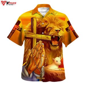 Jesus Lion Cross Faith Over Fear Christian Hawaiian Summer Shirt 1