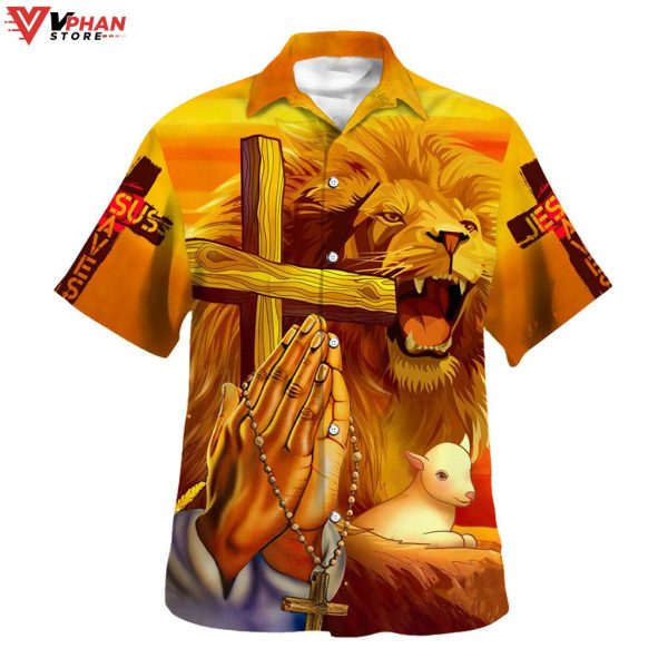 Jesus Lion Cross Faith Over Fear Christian Hawaiian Summer Shirt