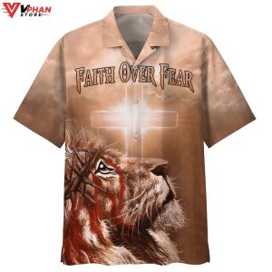 Jesus Lion Cross Flag Faith Over Fear Christian Gift Ideas Hawaiian Shirt 1