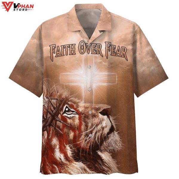 Jesus Lion Cross Flag Faith Over Fear Christian Gift Ideas Hawaiian Shirt