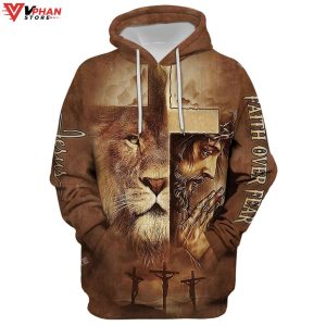 Jesus Lion Faith Over Fear Hoodie Men Women Christian Hoodie 1