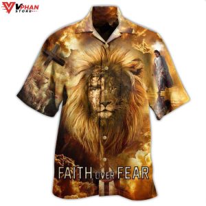 Jesus Lion Faith Over Fear Psalms Tropical Christian Gift Hawaiian Shirt 1