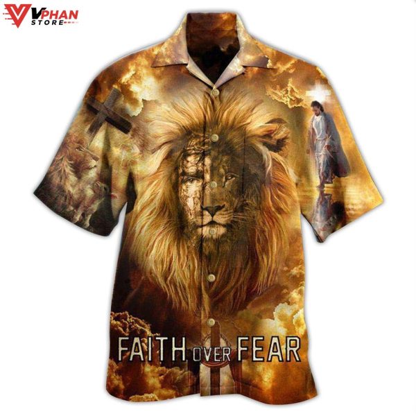 Jesus Lion Faith Over Fear Psalms Tropical Christian Gift Hawaiian Shirt