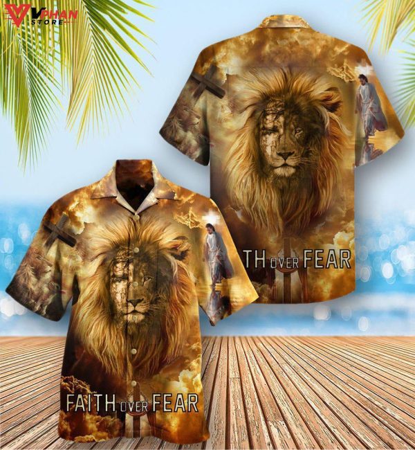 Jesus Lion Faith Over Fear Psalms Tropical Christian Gift Hawaiian Shirt