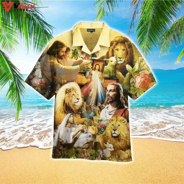 Jesus Lion Goat Beautiful Flowers Tropical Christian Gift Hawaiian Shirt