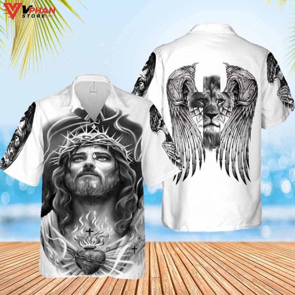 Jesus Lion Heart Wings Tropical Outfit Christian Easter Hawaiian Shirt