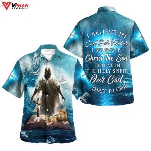 Jesus Lion Lamb I Believe In God Tropical Outfit Christian Hawaiian Shirt 1
