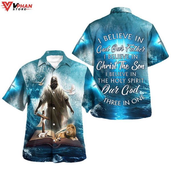 Jesus Lion Lamb I Believe In God Tropical Outfit Christian Hawaiian Shirt