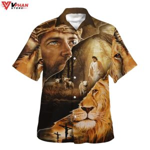 Jesus Lion Lamb Of God Christian Gifts Tropical Outfit Hawaiian Aloha Shirt 1