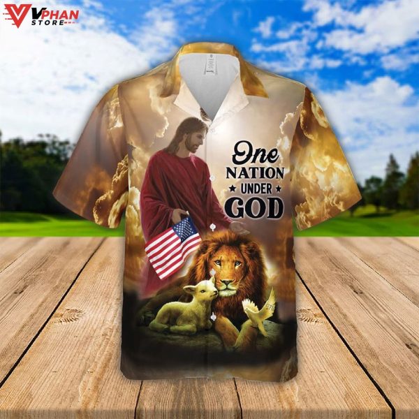 Jesus Lion Lamb One Nation Under God Tropical Christian Hawaiian Shirt