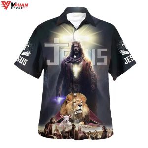 Jesus Lion Lamb With Disciples Tropical Christian Gift Hawaiian Shirt 1