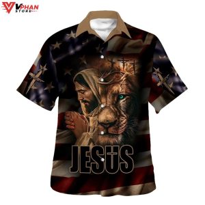 Jesus Lion Of Judah American Flag Tropical Christian Hawaiian Shirt 1