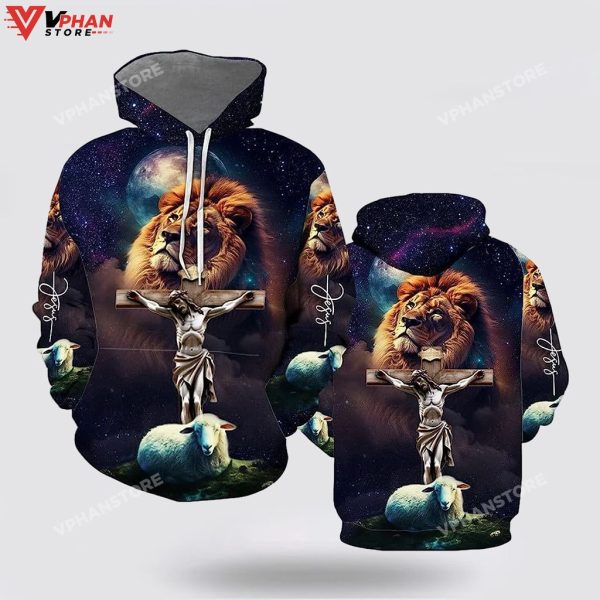 Jesus Lion Sheep Galaxy Religious Easter Gifts Christian Hoodie