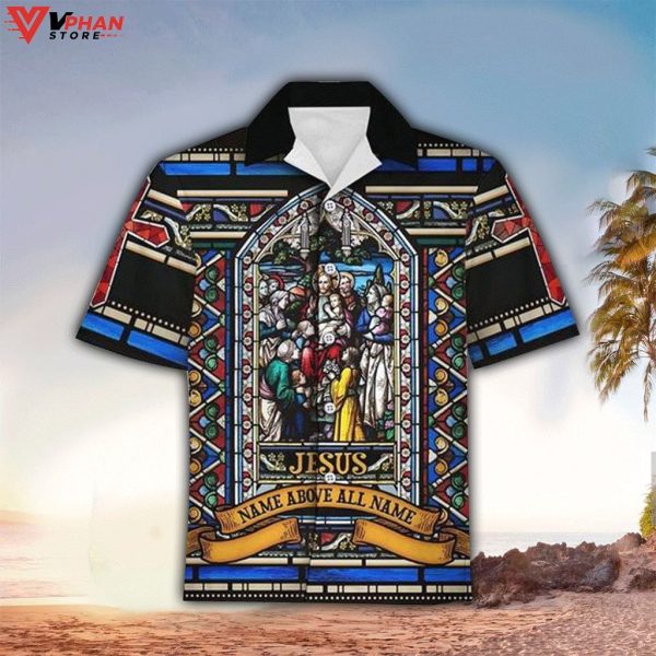 Jesus Name Above All Name Stained Glass Tropical Outfit Hawaiian Shirt