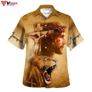 Jesus On The Cross Lion Of Judah Tropical Outfit Christian Hawaiian Shirt 1