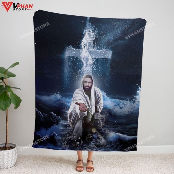 Jesus Outstretched Hands Saves Cross Christian Gift Ideas Bible Verse Blanket
