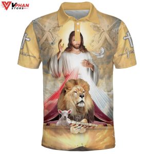 Jesus Potrait And Lion Lamb Religious Gifts Christian Polo Shirt Shorts 1