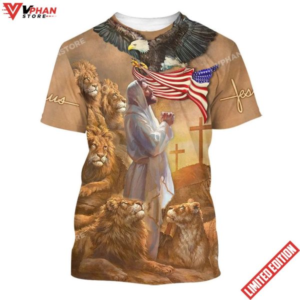 Jesus Pray Lion And Eagle American 3d All Over Print Shirt