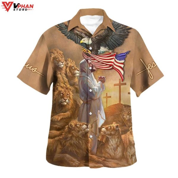 Jesus Pray Lion Cross Tropical Outfit Christian Gift Ideas Hawaiian Shirt