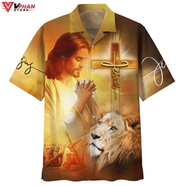 Jesus Prayer Lion Cross Tropical Outfit Christian Gift Ideas Hawaiian Shirt