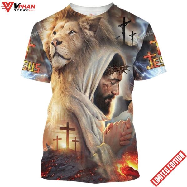 Jesus Prayer With Lion Christian T Shirt For Men And Women