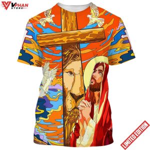 Jesus Praying Lion Of Judah Christian Cross Faith 3d All Over Print Shirt 1