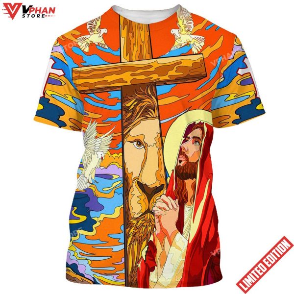 Jesus Praying Lion Of Judah Christian Cross Faith 3d All Over Print Shirt