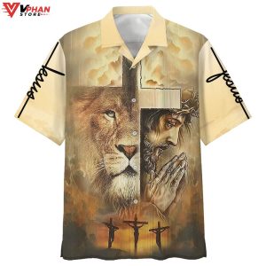 Jesus Praying Lion Of Judah Christian Cross Faith Hawaiian Shirt 1