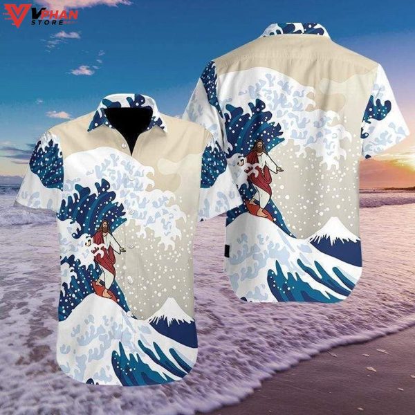 Jesus Surfing Christian Gift Ideas Hawaiian Summer Shirt