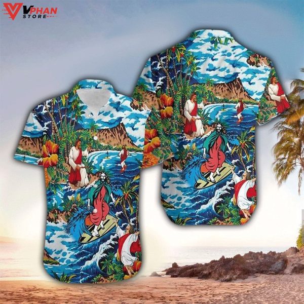 Jesus Surfing On Island Christian Gift Ideas Hawaiian Summer Shirt