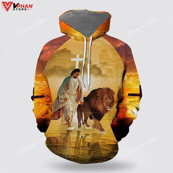 Jesus Walks With Lion Fall For Jesus He Never Leaves Religious Hoodie