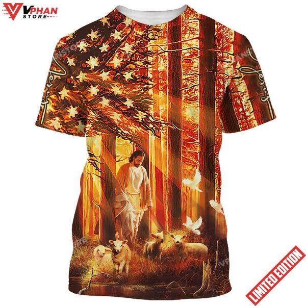 Jesus With Baby Lambs In The Forest 3D All Over Printed Shirt