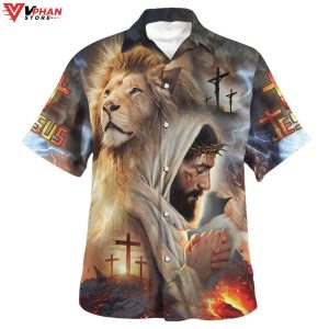 Jesus With Lion Tropical Outfit Christian Gift Ideas Hawaiian Summer Shirt 1