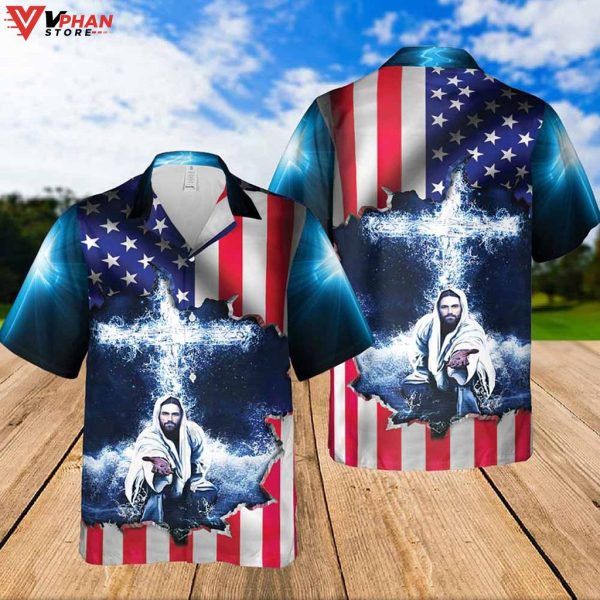 Jesus Take My Hand American Flag Cross Christian Hawaiian Shirt