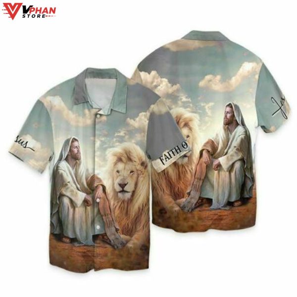 Lion And Jesus Pictures Tropical Outfit Christian Hawaiian Summer Shirt