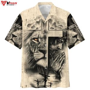 Lion And Jesus Tropical Outfit Christian Gift Ideas Hawaiian Summer Shirt 1