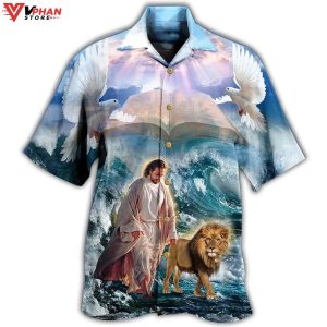 Lion And Jesus Walk On Water Christian Tropical Outfit Hawaiian Shirt 1