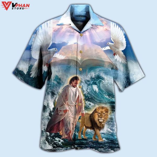 Lion And Jesus Walk On Water Christian Tropical Outfit Hawaiian Shirt