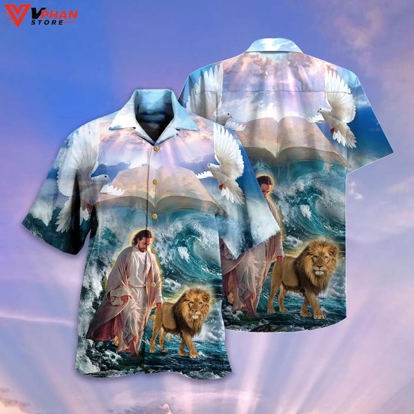 Lion And Jesus Walk On Water Christian Tropical Outfit Hawaiian Shirt